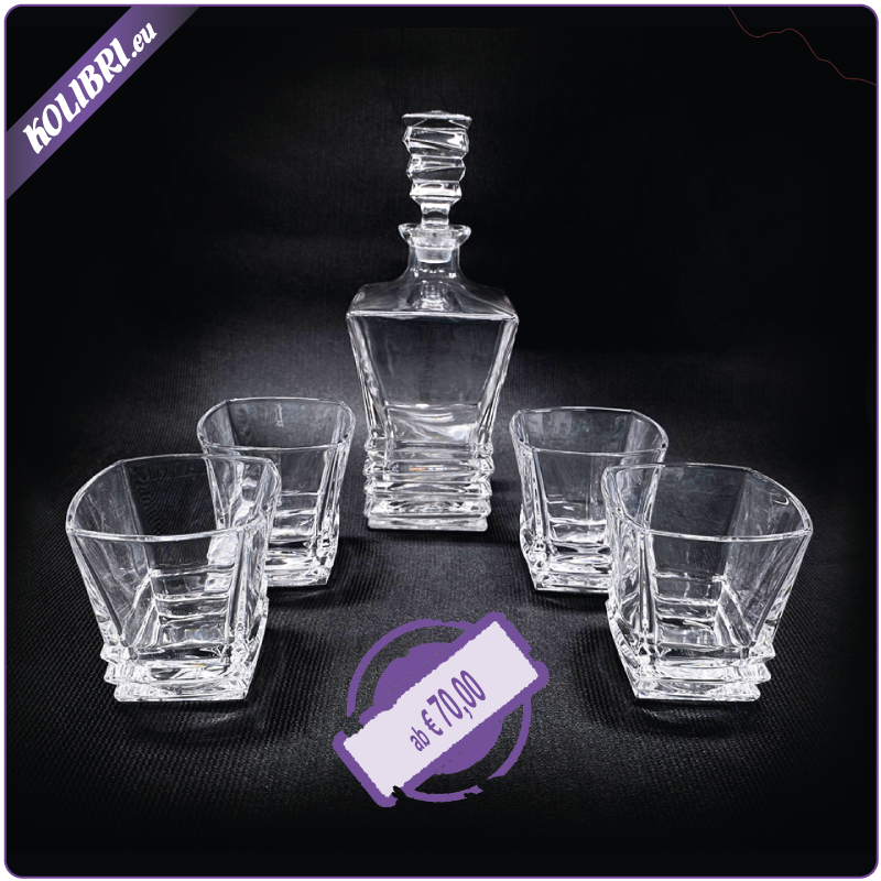 Decanter-Set mit Ornamenten bestehend aus einer Karaffe und vier Gläsern, personalisiert